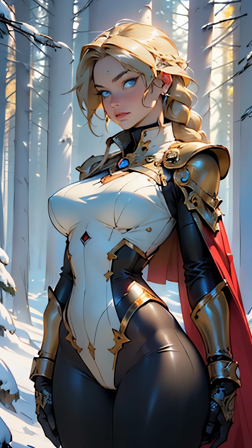 ((Jeanne d'Arc)),Joan of Arc,girl,1girl,(((16 years old))),(large breasts:1.2),(((single braid, blonde))),((blue_eyes:1.5)),intricate eyes,beautiful detailed eyes,symmetrical eyes,Big eyes:1.5,((fat)),(((lustrous skin:1.5,bright skin: 1.5,skin tanned,shiny skin,very shiny skin,shiny body,plastic glitter skin,exaggerated shiny skin,illuminated skin))),(spider lower abdomen,narrow waist,wide hip,athletic body,inflated legs,thick thighs,detailed body,(detailed face)),
cute,slutty,seductive,erotic,(nsfw),
heroic, bright, moody, intense,crownguard, paladin lady in ornate golden armor, black collar, pauldrons, breastplate, corset, glowing halo, red cape,(((intricate outfit,intricate clothes))),
(dynamic pose:1.0),drinking hot chocolate,(centered,scale to fit dimensions,Rule of thirds),
((snowy pine forest)),winter,scenery:1.25,((intricate scenery)),((snow forest background)),
(Glossy winter ornaments),highres,sharp focus,(ultra detailed,extremely detailed),(photorealistic artwork:1.37),(extremely detailed CG unity 8k wallpaper),(((vibrant colors,vibrant theme))),(intricate),(masterpiece),(best quality),