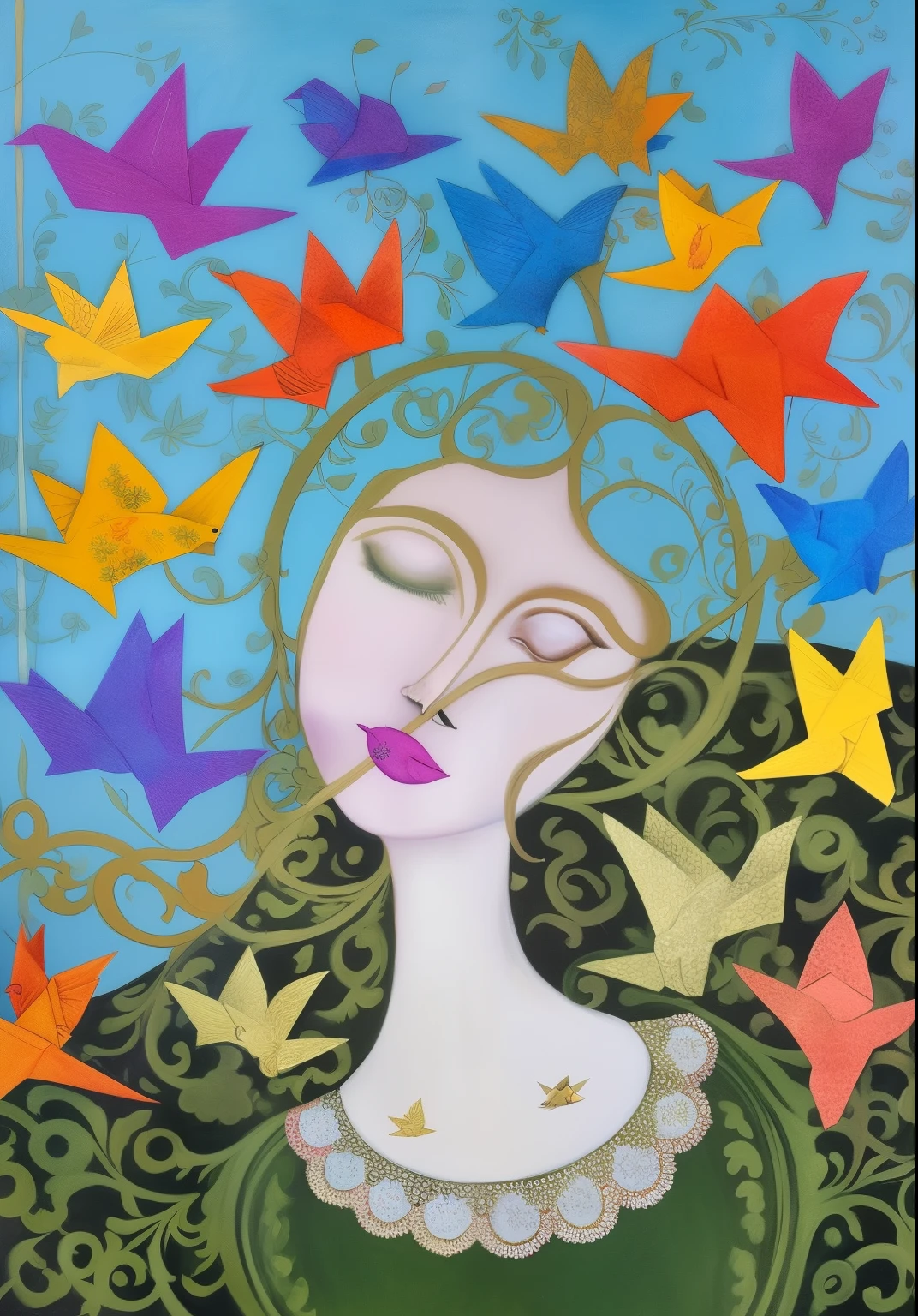 there is a painting of a woman with origami birds in her hair, by Maryam Hashemi, there are birds on her head, by Zsuzsa Máthé, whimsical art, by Ruth Jên, whimsical portrait, inspired by Bettina Heinen-Ayech, by Amédée Ozenfant, by Margit Anna