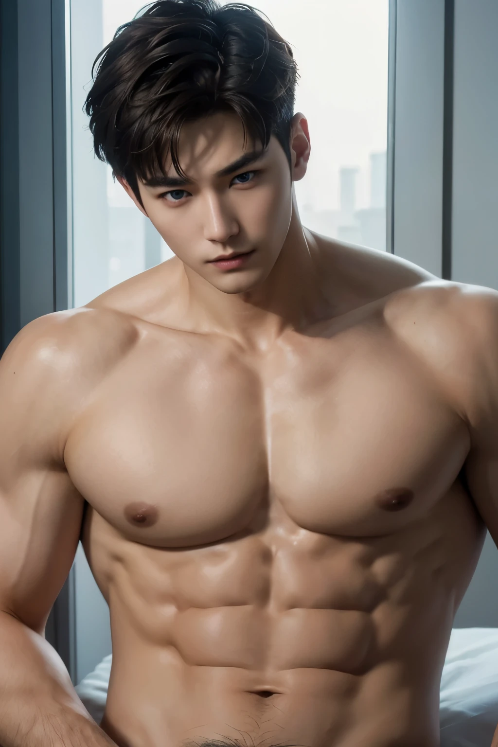 Create realistic images, High resolution photo with a handsome Korean guy, Heterochromatic blue colour eyes, He was shirtless..,show his full abs, nice skin,Open it up...,short light brown hair.,strong