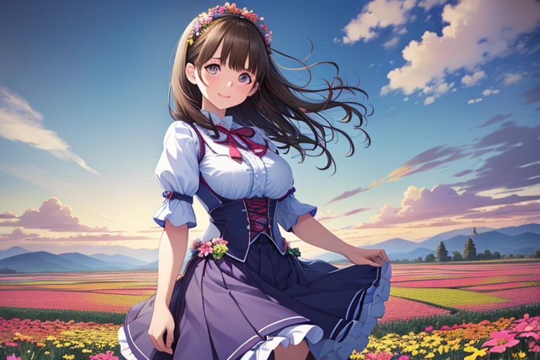 1 cute girl ,Skirt up, (Austrian costume) , cowboy shot , (character focus), close to the viewer, smile, From above ,(wide shot:0.8), (Colorful flower field in background) ,High resolution,(incredibly absurd),anime visual,Highly detailed CG Unity 8K wallpaper, ((masterpiece)), ((highest quality)), (beautiful illustrations), ((Very delicate and beautiful eyes))