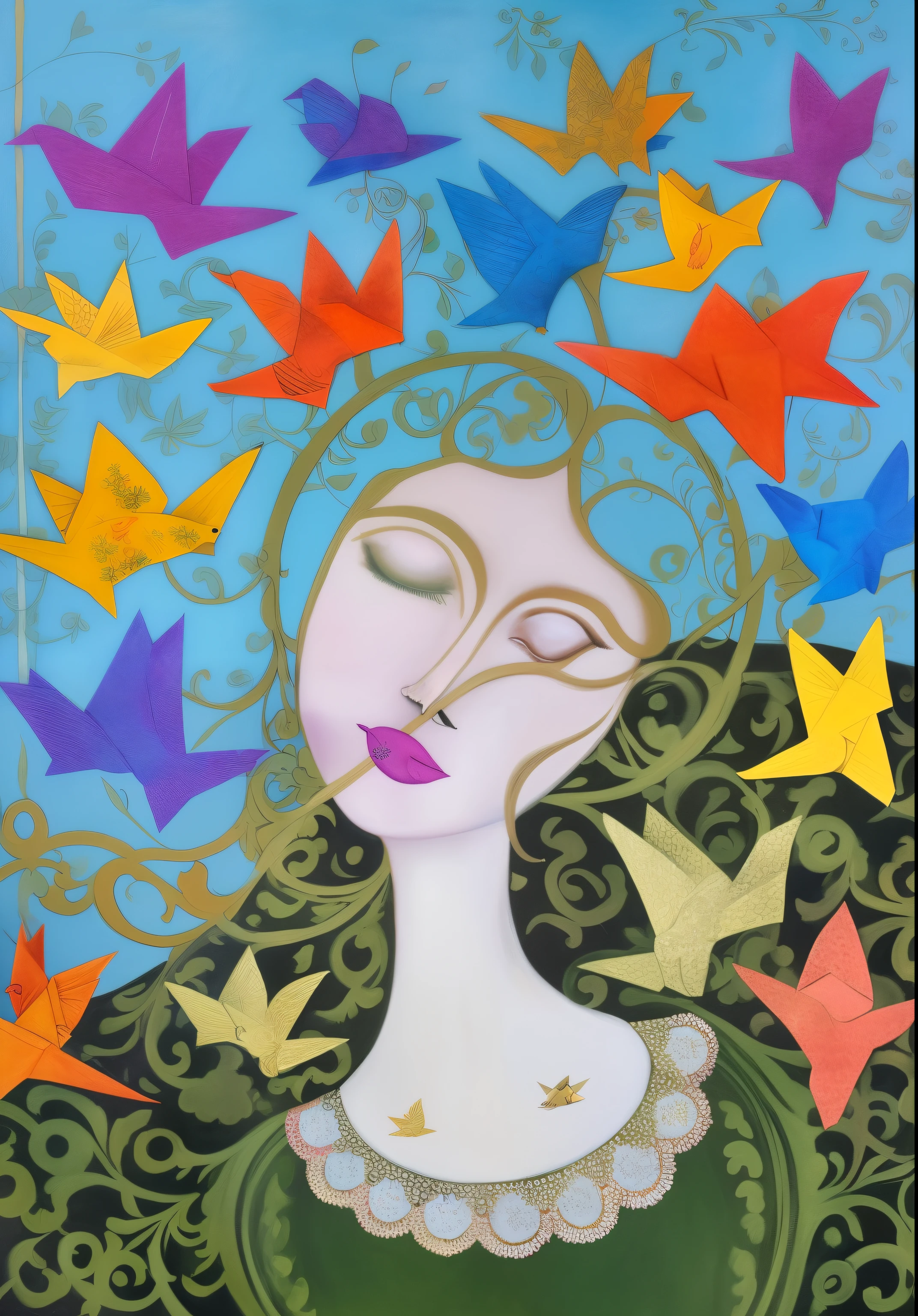 there is a painting of a woman with origami birds in her hair, by Maryam Hashemi, there are birds on her head, by Zsuzsa Máthé, whimsical art, by Ruth Jên, whimsical portrait, inspired by Bettina Heinen-Ayech, by Amédée Ozenfant, by Margit Anna