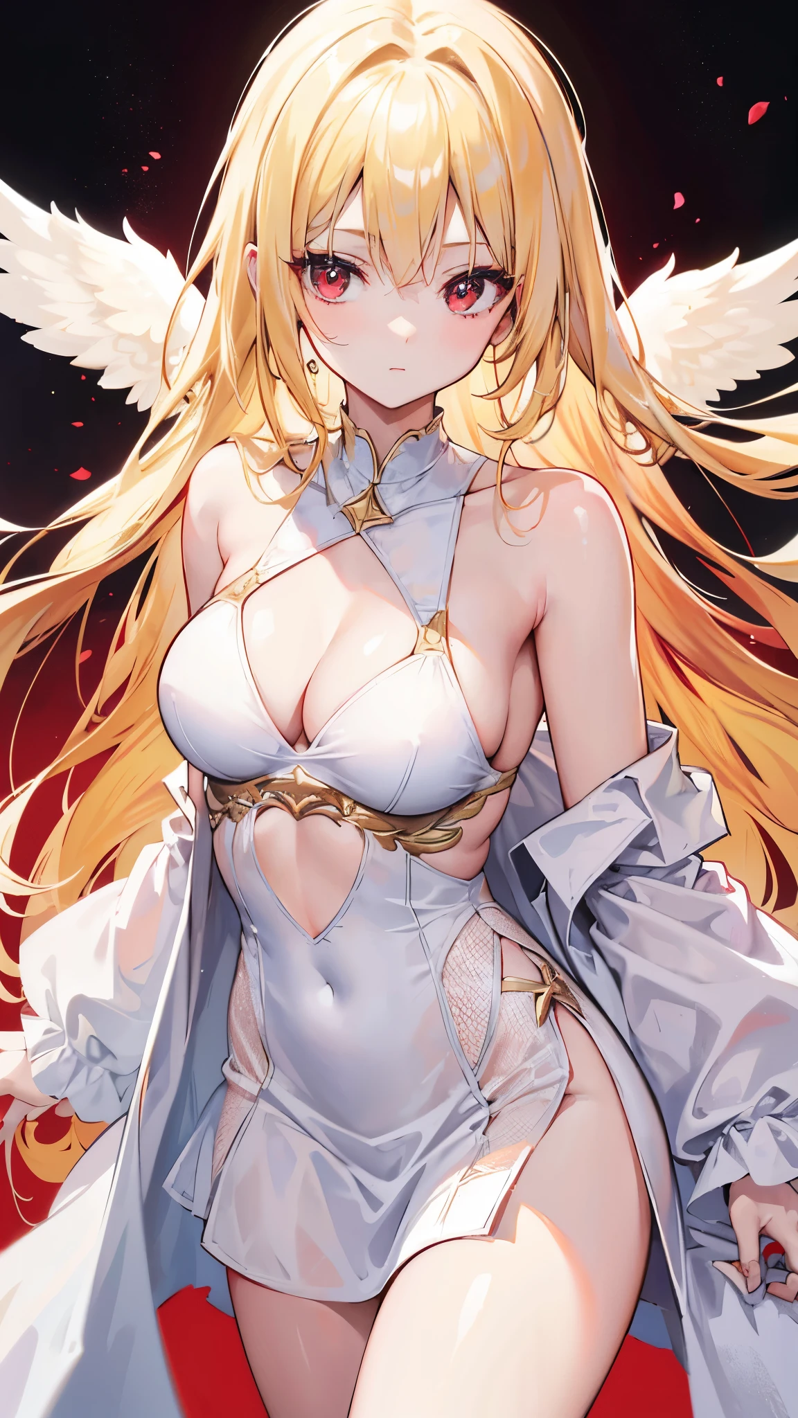4K image angel,A  woman with blonde hair, red eyes, long hair, wearing a ring.
