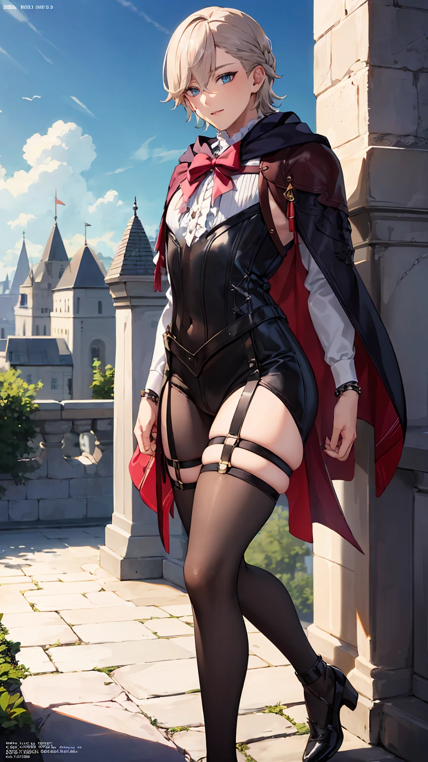 (masterpiece, highest quality, best quality, official art, beautiful and aesthetic: 1.2), (1boy), extremely detailed, (fractal art: 1.3), colorful, highest detailed, perfect face), lyney, sexy, wide hips, thicc figure, Detailed blue eyes, Detailed face, Detailed eyes, femboy, male, bulge, standing, gothic, arms behind back, castle, outdoors, castle walls, braided hair, exposed thighs, thick thighs, thigh harness, 1boy, solo