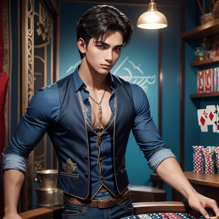 20 year old guy with gypsy look open vest slim muscular build blue pants black shirt jinn print looking straight at viewer on a bazaar background holding a poker card