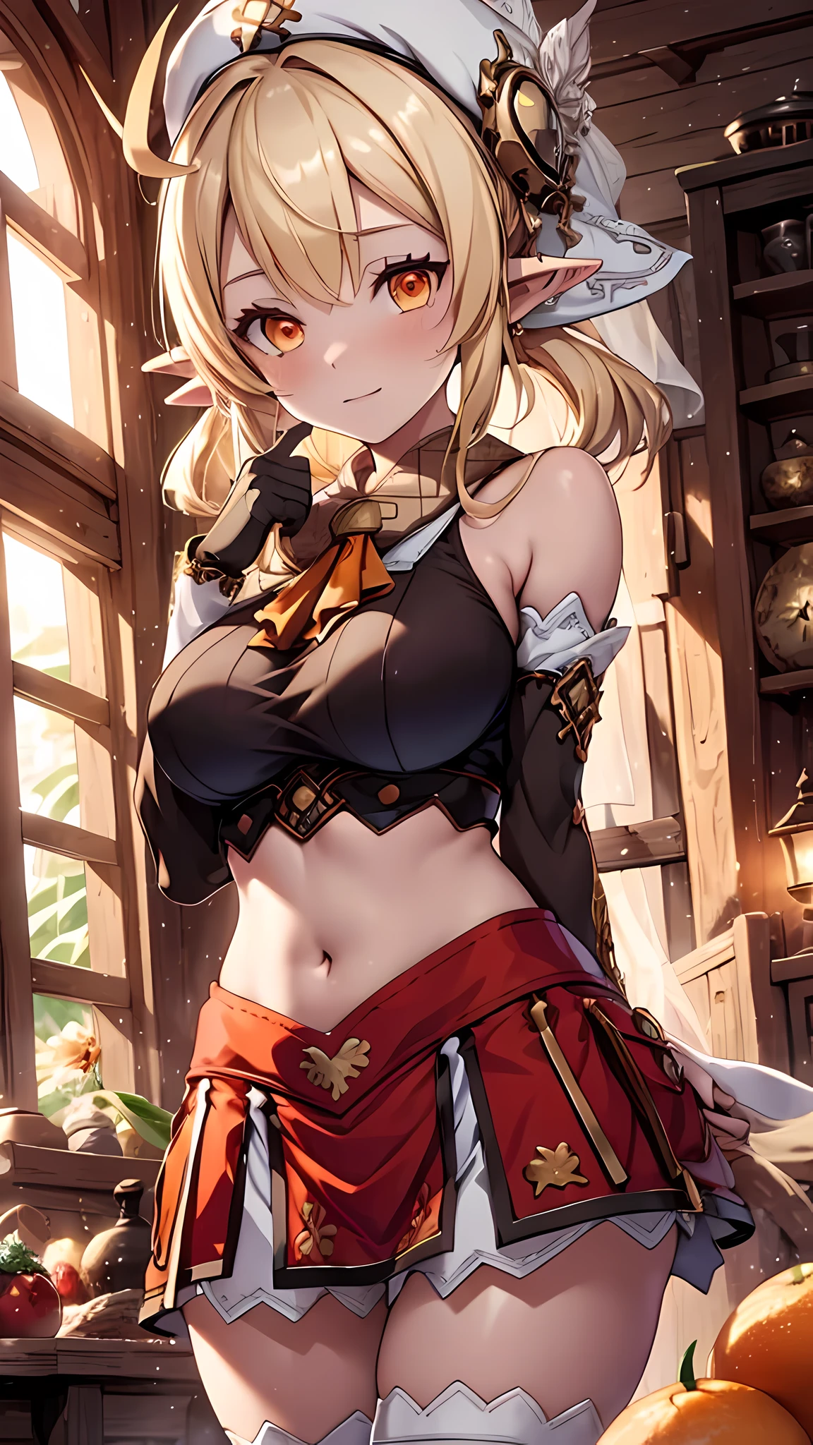 masterpiece, best quality, highres, 1girl,kleedef, blonde hair, orange eyes, veil, midriff, pointy ears, large breasts, curvy, cowboy shot, upper body,arabian dancer