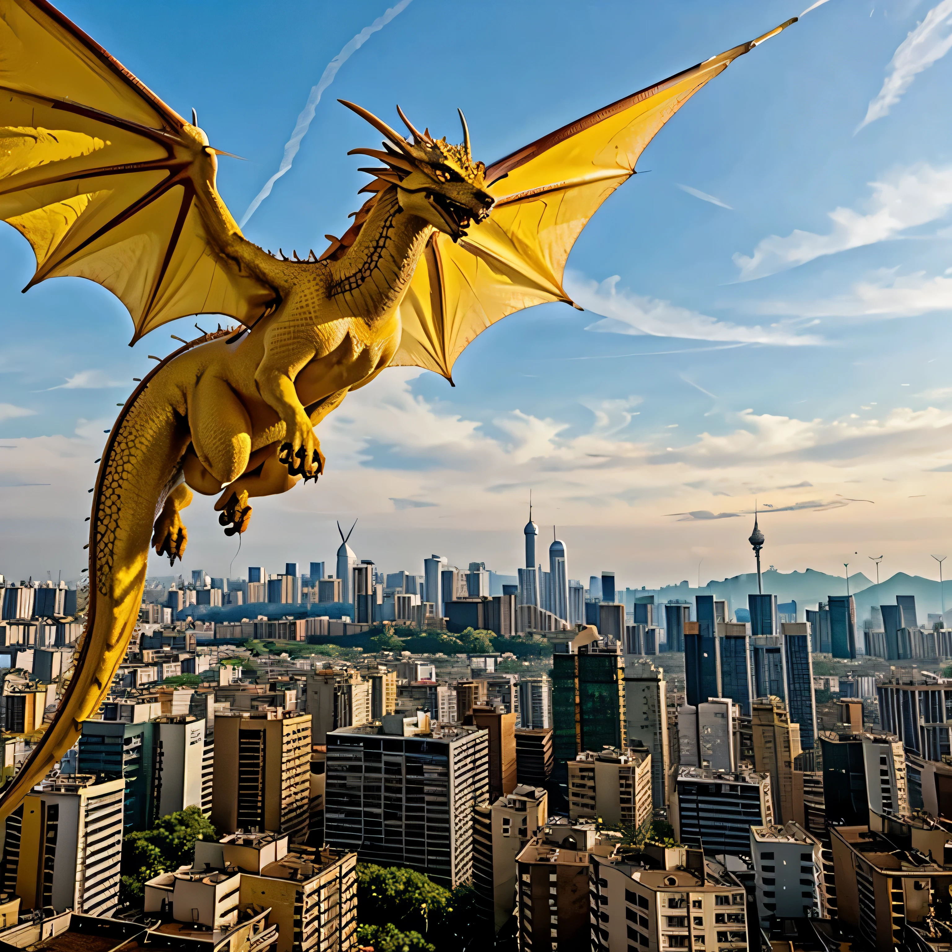 Yellow dragon flying over bottomless city