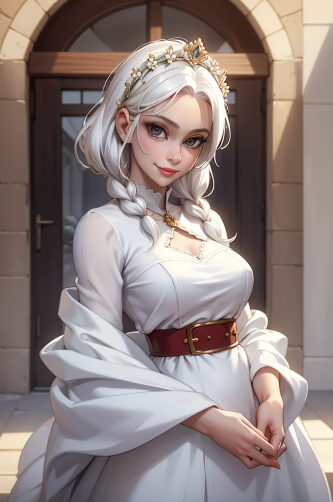 best quality, masterpiece,white hair, gold eyes,white clothes, looking up, upper body,hair strand,Fair skin,side braids Large chest, extremely thin waist, exstremely thin hips. red lips.Adorable, mature Woman,detailed big-eyed woman, round face. promenent red lips. Smileing,In the Southern Utah, large ass, a white gossimer Robe.. flower crown, Flower belt draped around waist. looking at the scenes, intense colors, Very valuable details, complex details, volumetric lighting, digital art, 8k, trending on Artstation, Clear focus, complex details, highly detail, Greg Rutkowski Big Eyes, high-resolution, white hair. , attractive chest, .Photorealistic. Confidence, self esteem, assertiveness, dominance. wide Amused smile. ecstastic expression.
