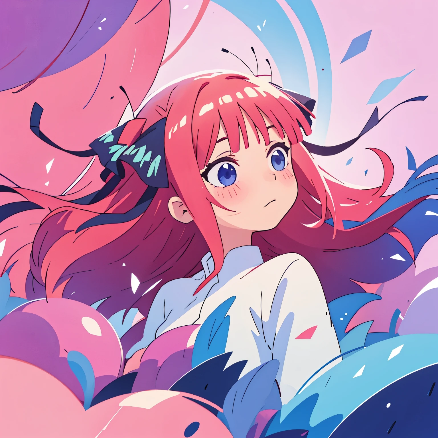 beautiful girl, gradient blue pink and purple ballgown, flowing pink red hair, otherworldly purples blues and greens landscape background, watercolor illustration, disney art style, glowing aura around her, flowing glowing hair, glowing flowing hair, fantasia otherworldly landscape, beautiful, masterpiece, best quality, nino nakano, hair ribbons, long pink silky hair, blue eyes