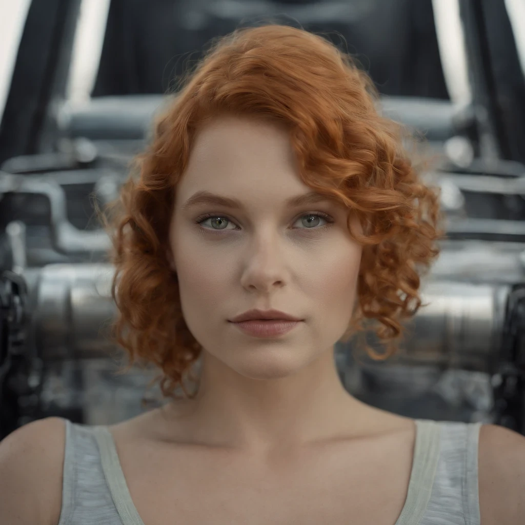 A teenage girl with an extra large chest, wavy orange hair, soft waves, long, her green eyes, and she wears a pink striped bra with a silver line, her metallic pink panties, and wearing a protective base arm and legs, a gray robotic boot, space.