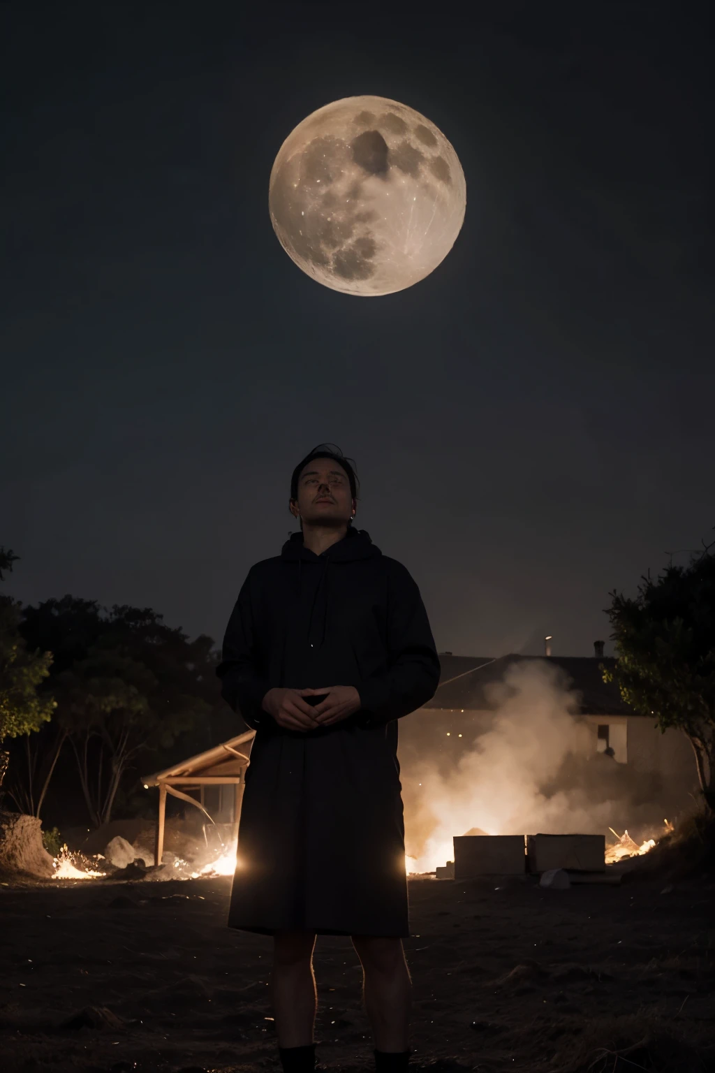 crie uma casa de fazenda do seculo XVII no brasil pegando fogo um homem negro vestido de preto se afasta da casa, um ar misterioso, a full moon in the mysterious sky