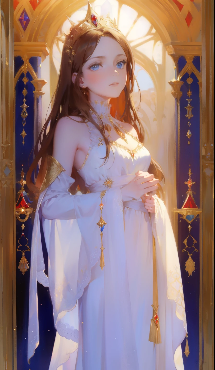 Fantasy, 19th century, empress, woman, delicate face, pale brown long hair, blue eyes, in a white royal dress with open shoulders, gold patterns on fabric, crystal jewelry, with a scarlet ribbon over the shoulder with the regalia of the monarch, Gothic castle made of white stone on the background, light, day, hd