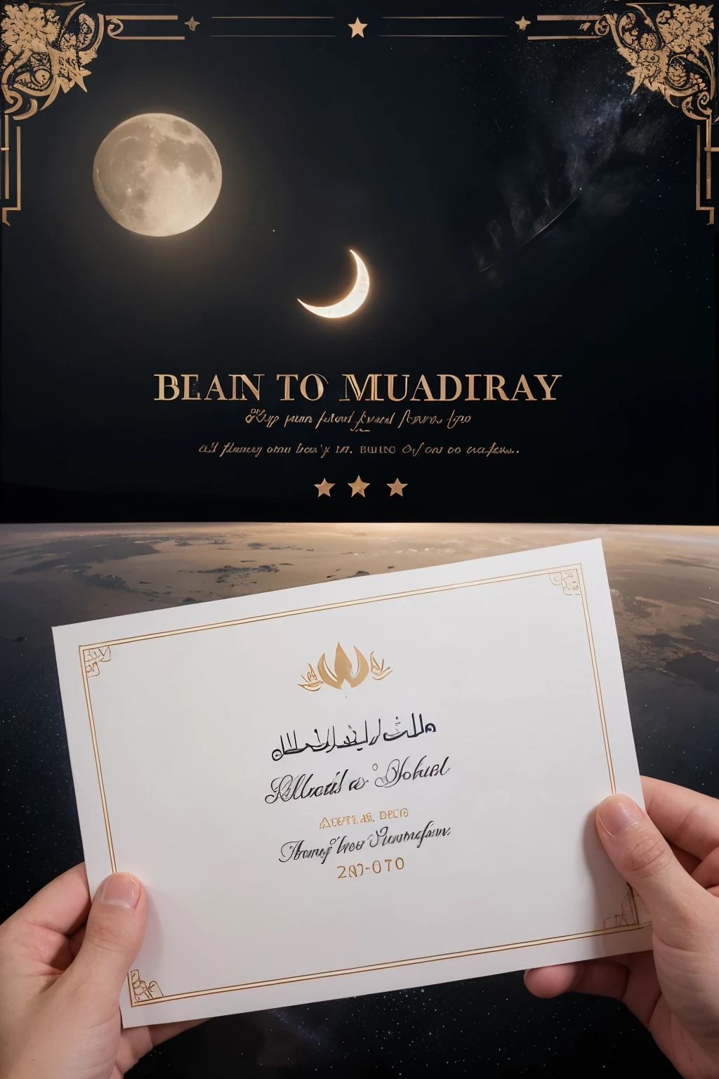 "Design a vibrant Eid Mubarak image template featuring a crescent moon, twinkling stars, and traditional Islamic patterns, with space for a personalized message of celebration and well wishes."