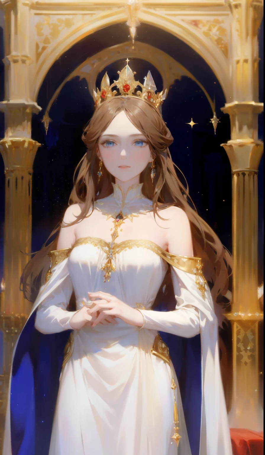 Fantasy, 19th century, empress, woman, delicate face, pale brown long hair, blue eyes, in a white royal dress with open shoulders, gold patterns on fabric, crystal jewelry, with a scarlet ribbon over the shoulder with the regalia of the monarch, Gothic castle made of white stone on the background, light, day, hd