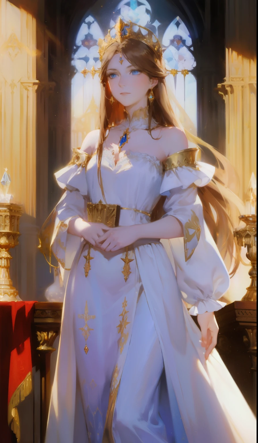 Fantasy, 19th century, empress, woman, delicate face, pale brown long hair, blue eyes, in a white royal dress with open shoulders, gold patterns on fabric, crystal jewelry, with a scarlet ribbon over the shoulder with the regalia of the monarch, Gothic castle made of white stone on the background, light, day, hd