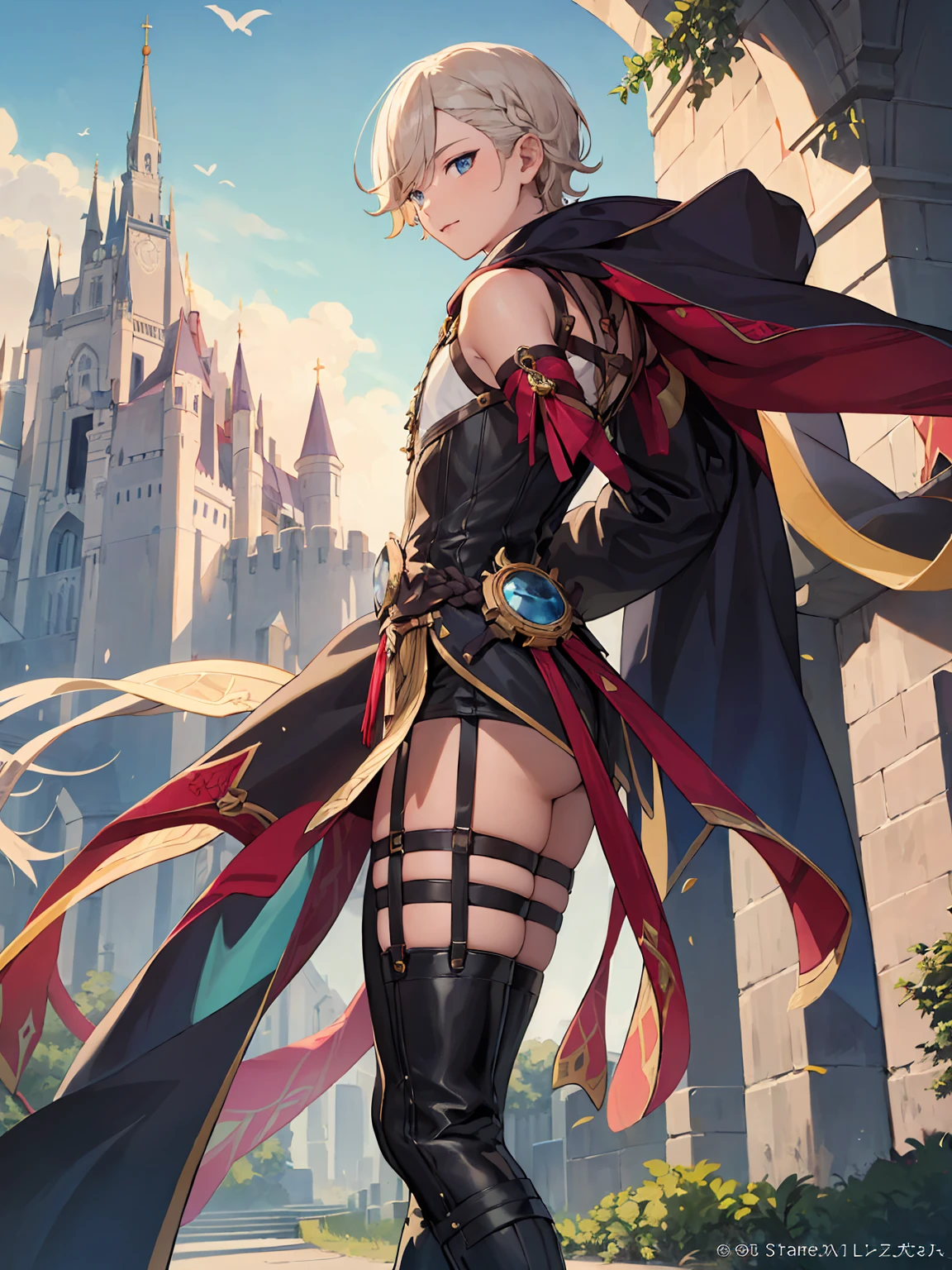 (masterpiece, highest quality, best quality, official art, beautiful and aesthetic: 1.2), (1boy), extremely detailed, (fractal art: 1.3), colorful, highest detailed, perfect face), lyney, sexy, wide hips, thicc figure, Detailed blue eyes, Detailed face, Detailed eyes, femboy, male, bulge, standing, gothic, arms behind back, castle, outdoors, castle walls, braided hair, exposed thighs, thick thighs, thigh harness, 1boy, solo, front view, highboots, bulge