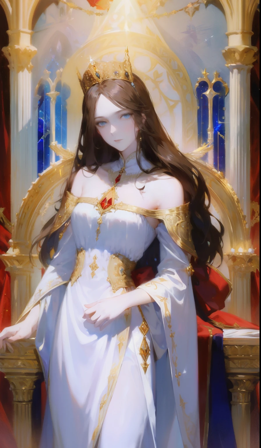 Fantasy, 19th century, empress, woman, delicate face, pale brown long hair, blue eyes, in a white royal dress with open shoulders, gold patterns on fabric, crystal jewelry, with a scarlet ribbon over the shoulder with the regalia of the monarch, Gothic castle made of white stone on the background, light, day, hd