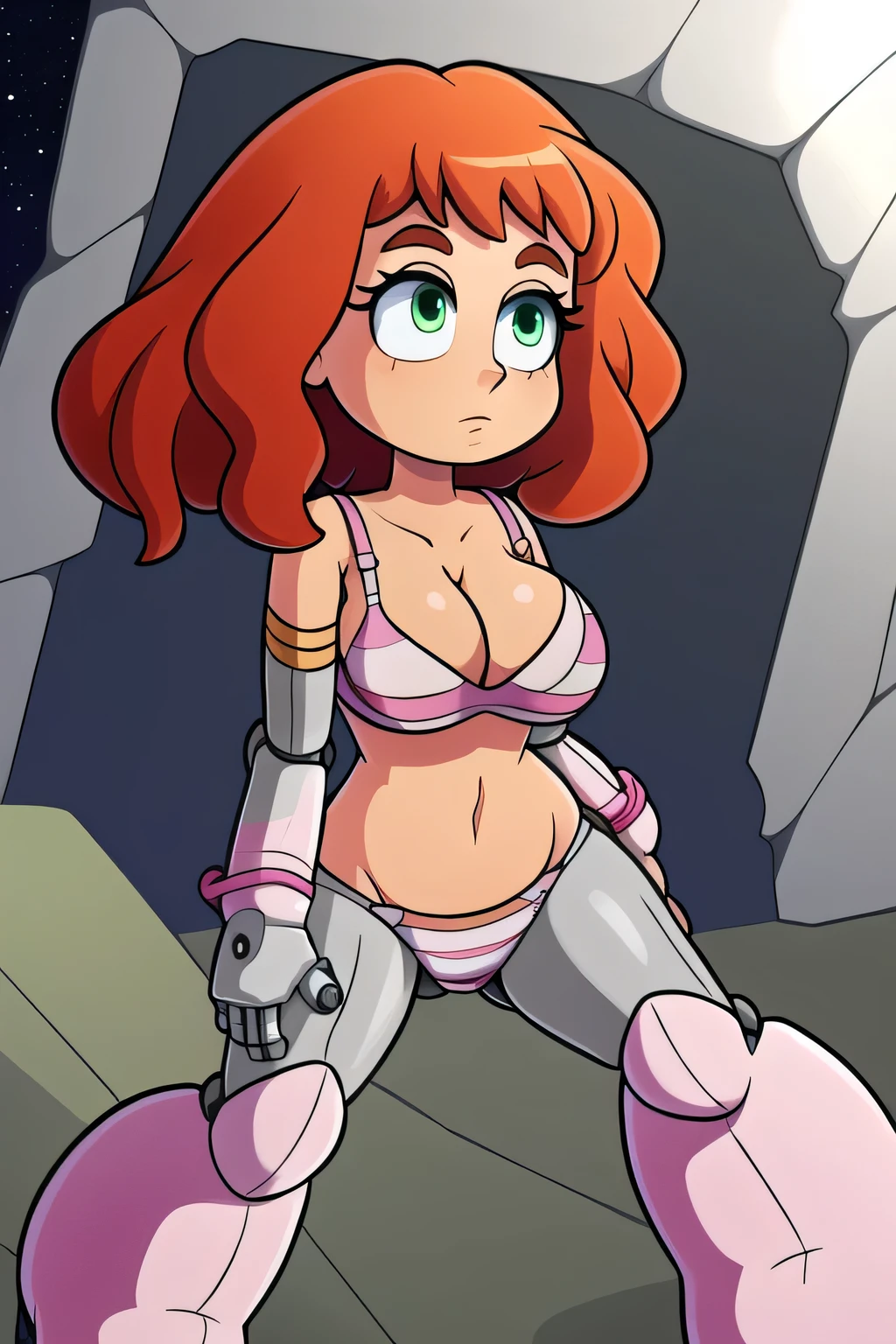 A girl with an extra large chest, wavy orange hair, soft waves, long, her green eyes, and she wears a pink striped bra with a silver line, her metallic pink panties, and wearing a protective base arm and legs, a gray robotic boot, space.