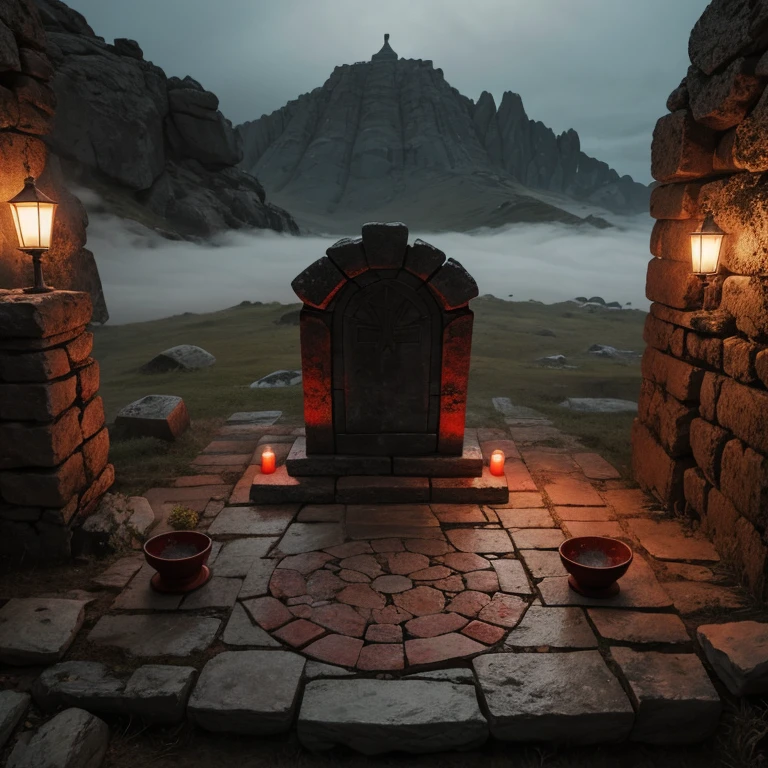 Tablilla de piedra con runa vikingas de color rojo colocada sobre un altar estilo egipcio en un fondo de cementerio de noche con niebla