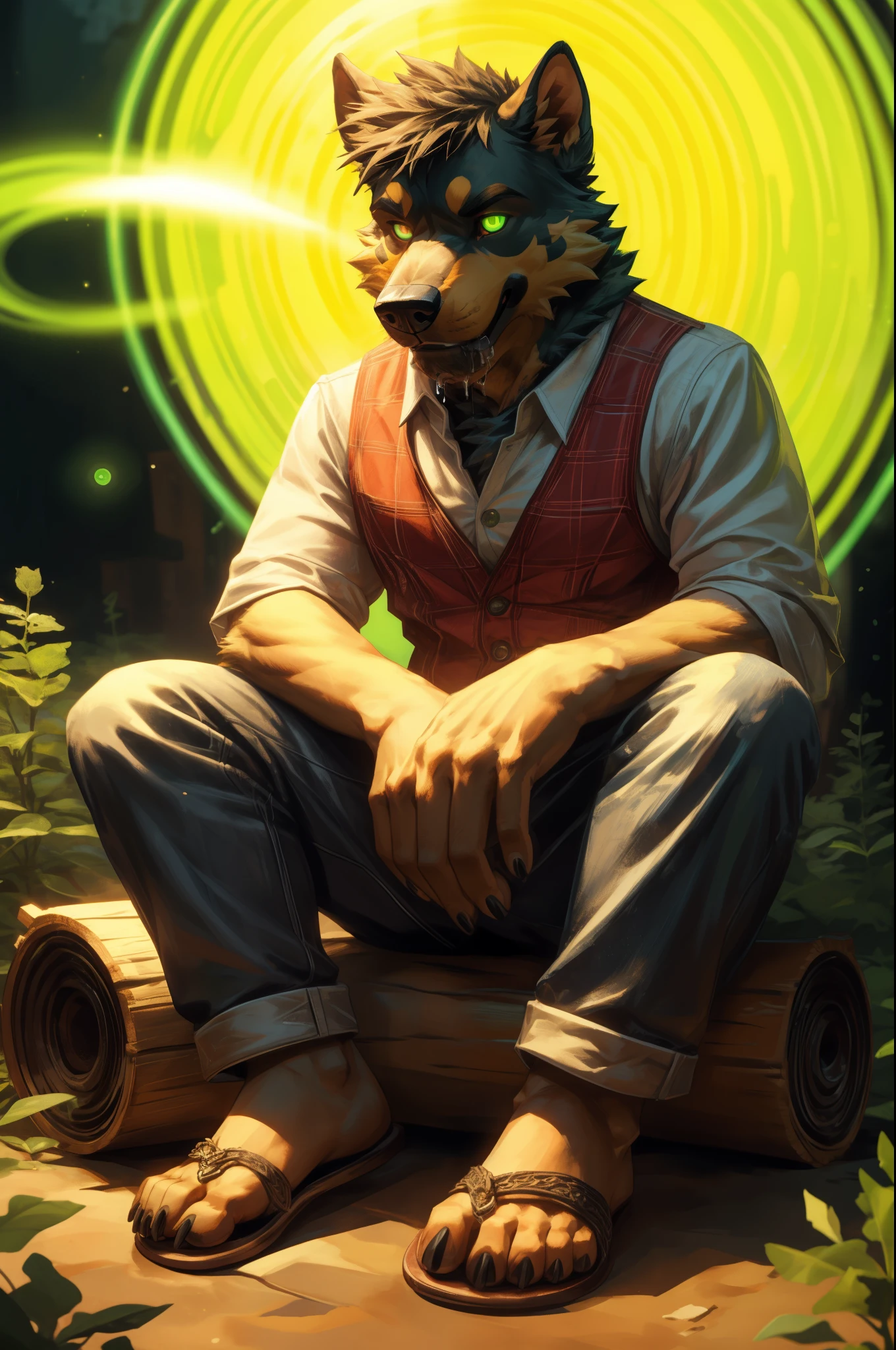 (((Barefoot furry character, full body, cinematic setting, furry male))) 

(((Lumberjack))), rottweiler, black fur, plantigrade,  wearing spats on feet, ((hypnotised)), ((green glowing eyes)), (drooling), sitting in the woods, natural light, forest background, nice detailed feet paws.

BREAK, detailed background, 8K, (masterpiece:1.5), intricate details, highly detailed, extreme detail, octane render, fine art, best quality, highres, (detailed face:1.5), ((full_body)), UHD, (((perfect hands)))