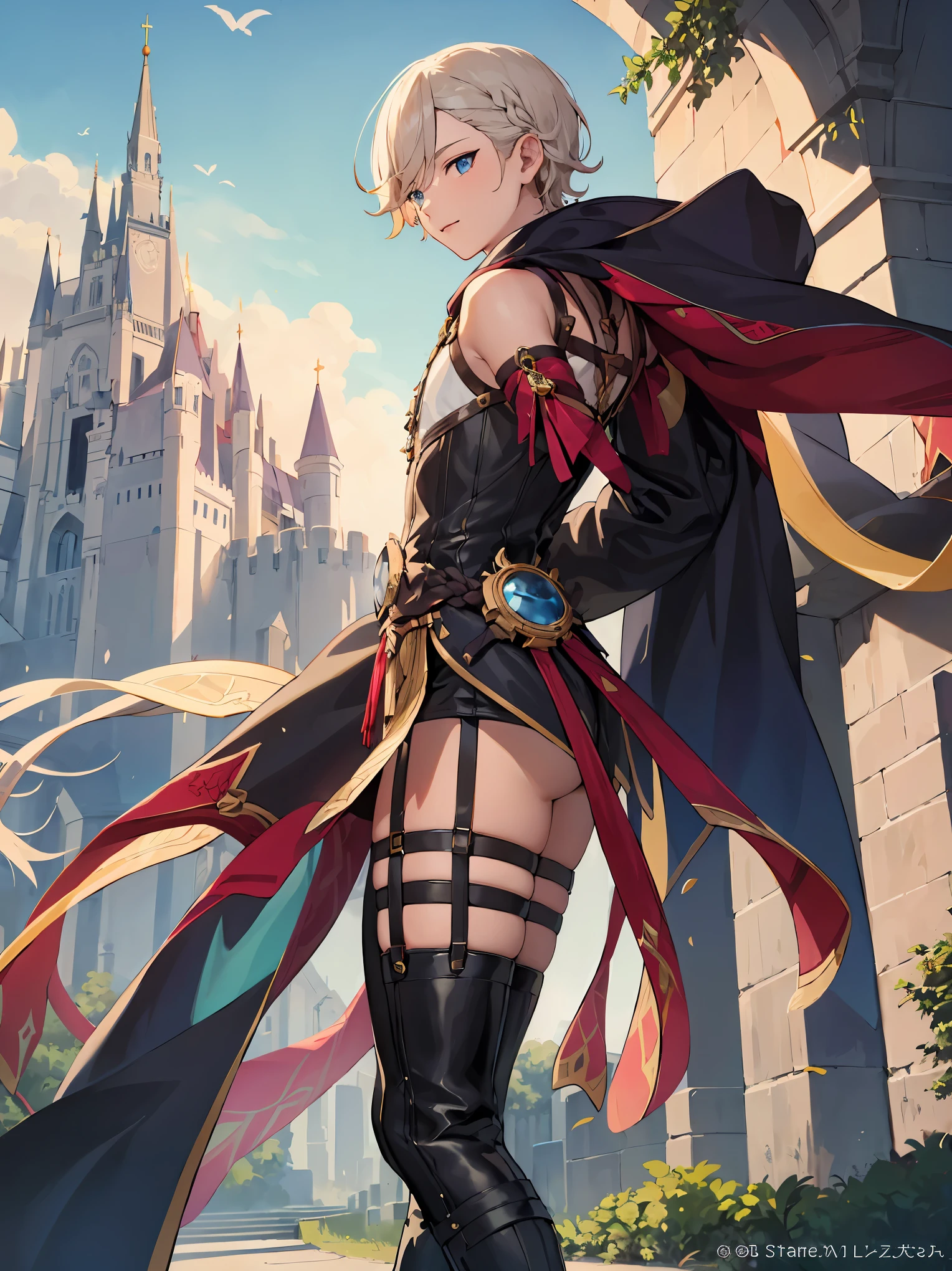 (masterpiece, highest quality, best quality, official art, beautiful and aesthetic: 1.2), (1boy), extremely detailed, (fractal art: 1.3), colorful, highest detailed, perfect face), lyney, sexy, wide hips, thicc figure, Detailed blue eyes, Detailed face, Detailed eyes, femboy, male, bulge, standing, gothic, arms behind back, castle, outdoors, castle walls, braided hair, exposed thighs, thick thighs, thigh harness, 1boy, solo, front view, highboots, bulge