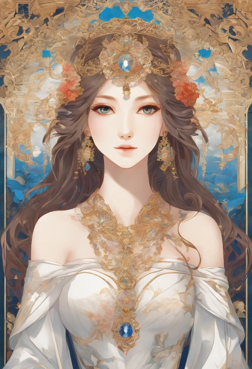 Fantasy, 19th century, empress, woman, delicate face, pale brown long hair, blue eyes, in a white royal dress with open shoulders, gold patterns on fabric, crystal jewelry, with a scarlet ribbon over the shoulder with the regalia of the monarch, Gothic castle made of white stone on the background, light, day, hd