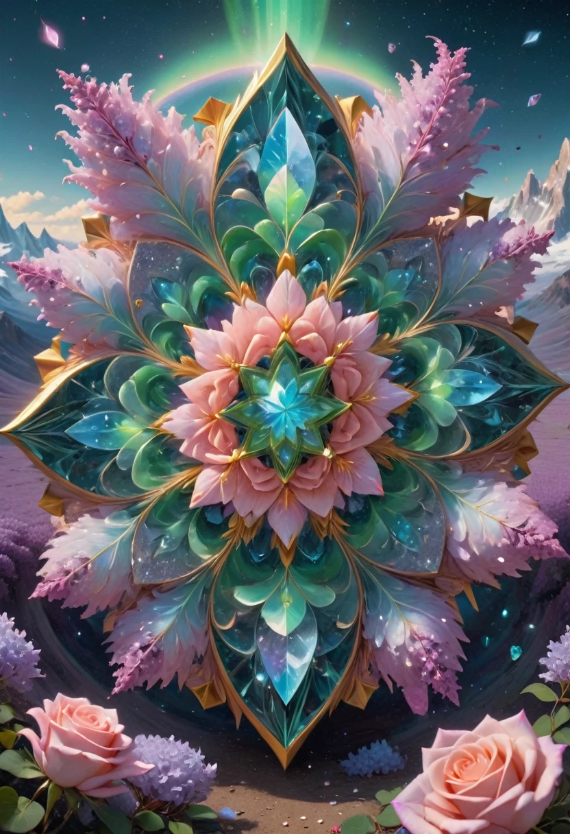 giant geometric shape, mandala sacral geometry made of LILACS flowers petals, hypnotizing, stars, golden ratioin the middle of picture, flying above the on the landscape made of fractal crystals Swarovski, glowing tesselations, centered, sharp focus, perfect composition, dynamic, shining glowing ,blue,white,coral pink, pink, tiffany blue, stars swirling, windy, sparkles swirling, green,pastel, cloudy, fantastic adventure,high quality 16k resolution, gothic (luminism photography:1.7)  aurora light, with a long long  glowing roses,  feathers and tiny bells, t  quartz, shining, mosaic, glitter, made on Nikon, sharp focus, perfect quality, high resolution, long shot, 16k resolution, masterpiece, breathtaking, strict details, meticulously detailed, complementary colors, soft colors 
EPIC  3d shading detailed matte painting intricate details, HDR, beautifully shot, hyperrealistic, sharp focus,  megapixels, perfect composition, high contrast, cinematic, atmospheric, moody . masterpiece, best quality, very aesthetic, absurdres, otclillsn