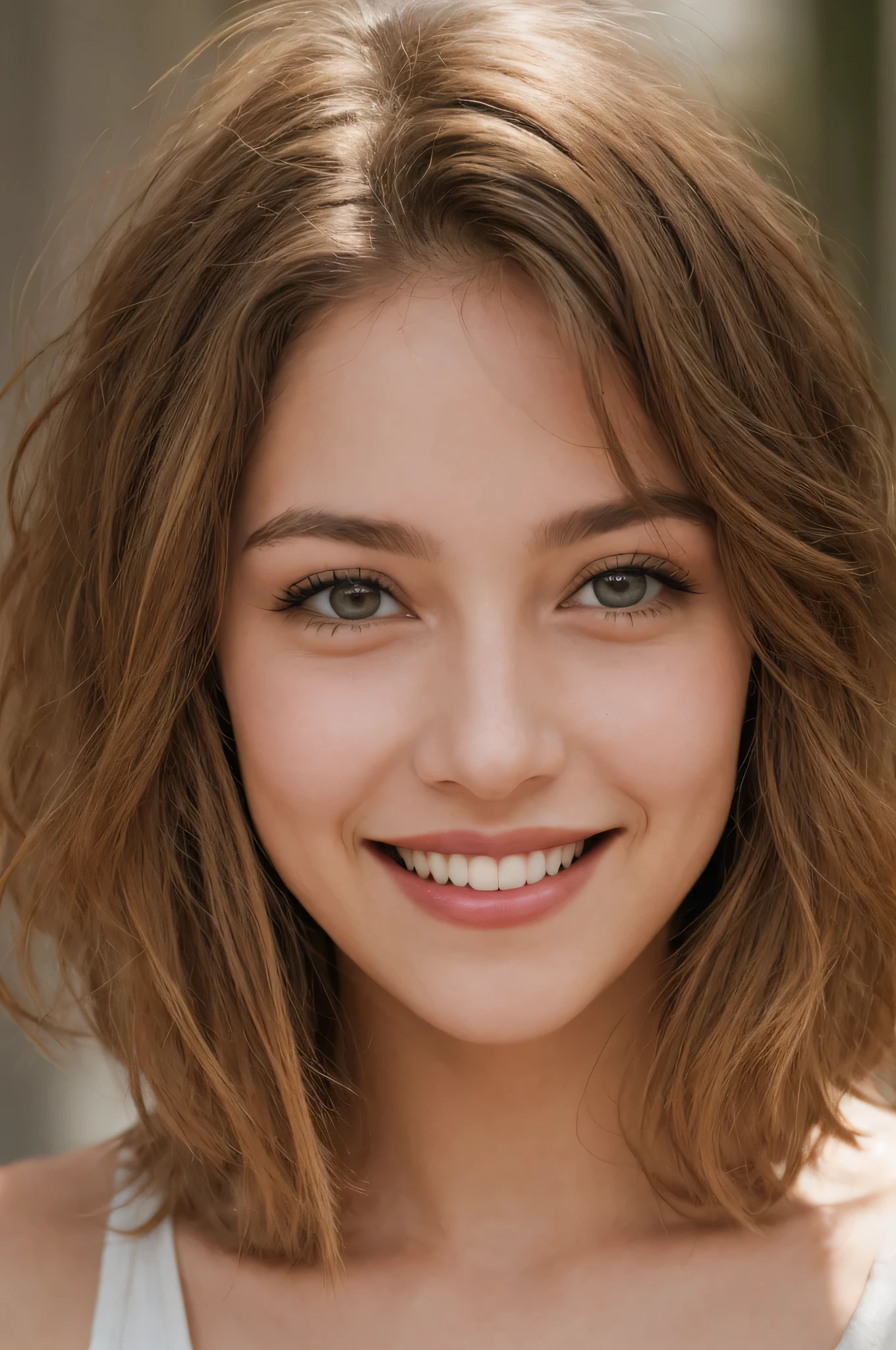 beautiful lady, big smile, light brown eyes, medium-length hair, light make-up, hyperdetailed photography, soft light, head and shoulders portrait, cover