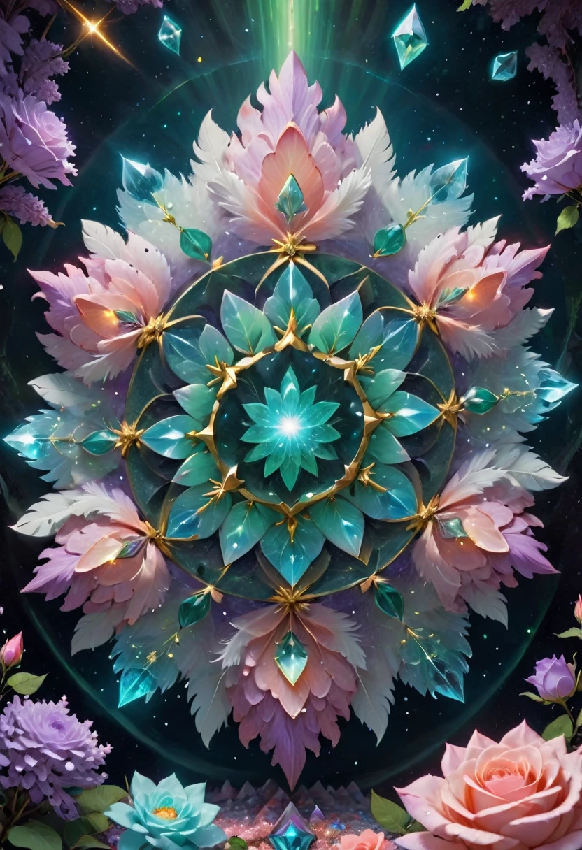 giant geometric shape, mandala sacral geometry made of LILACS flowers petals, hypnotizing, stars, golden ratioin the middle of picture, flying above the on the landscape made of fractal crystals Swarovski, glowing tesselations, centered, sharp focus, perfect composition, dynamic, shining glowing ,blue,white,coral pink, pink, tiffany blue, stars swirling, windy, sparkles swirling, green,pastel, cloudy, fantastic adventure,high quality 16k resolution, gothic (luminism photography:1.7)  aurora light, with a long long  glowing roses,  feathers and tiny bells, t  quartz, shining, mosaic, glitter, made on Nikon, sharp focus, perfect quality, high resolution, long shot, 16k resolution, masterpiece, breathtaking, strict details, meticulously detailed, complementary colors, soft colors 
EPIC  3d shading detailed matte painting intricate details, HDR, beautifully shot, hyperrealistic, sharp focus,  megapixels, perfect composition, high contrast, cinematic, atmospheric, moody . masterpiece, best quality, very aesthetic, absurdres, otclillsn