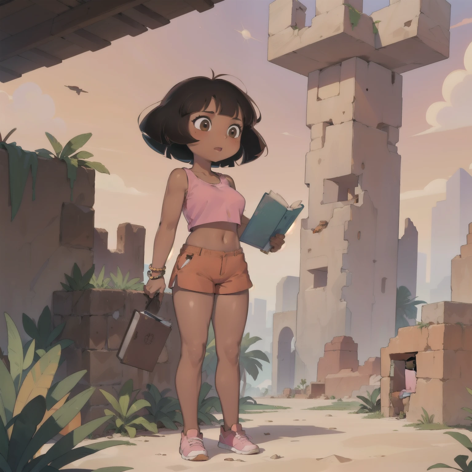 ((masterpiece, best quality)), full body, (solo 0.6), Dora, bracelet, (dark skin 0.6), dark brown hair, short hair, brown eyes, daytime, desert ruins, pink top, orange shorts, holding a book, young, large breasts