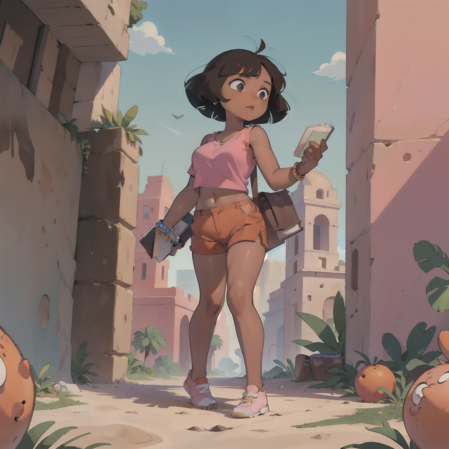 ((masterpiece, best quality)), full body, (solo 0.6), Dora, bracelet, (dark skin 0.6), dark brown hair, short hair, brown eyes, daytime, desert ruins, pink top, orange shorts, holding a book, young, large breasts