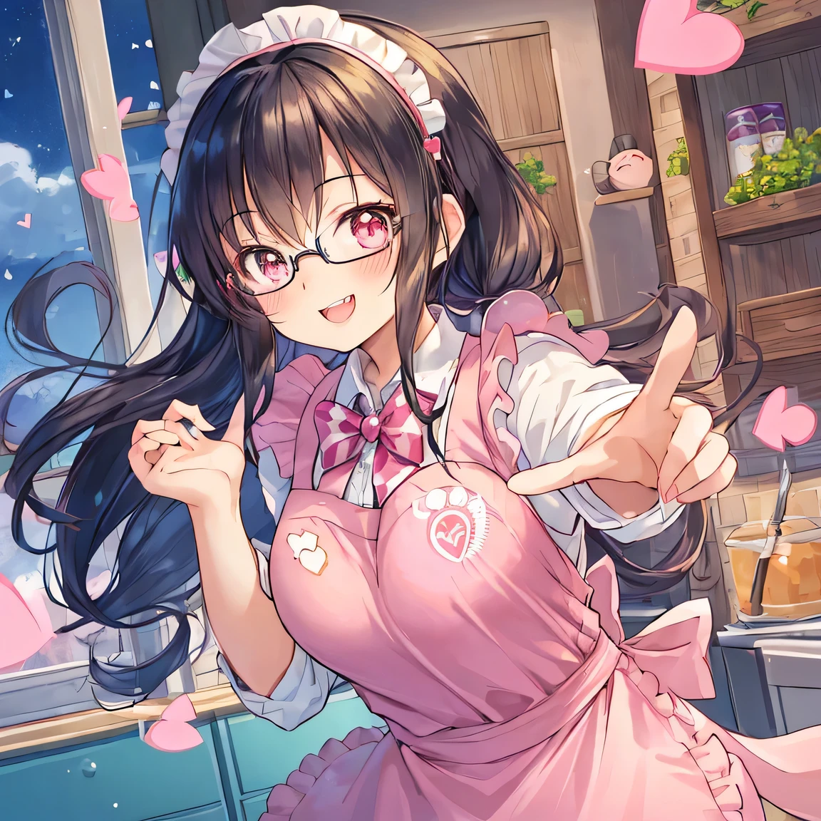((masterpiece)), ((best quality)), (ultra-detailed), ((kawaii)), cute, (lovely), illustration, anime style, dynamic angle, upper body, focus on upper body, a cute girl, 1girl, solo, kitchen, apron, Blazer uniform, (((heart hands))), (beautiful eyes), beautiful black hair, long hair, horseshoe-shaped hairband, medium breast, slim, slender, glasses, smiling, fang, endearing, blush, elegant, youthful, graceful, ((The tips of her canine teeth are peeking out from her smiling mouth)), Double Tooth, seductive smile.