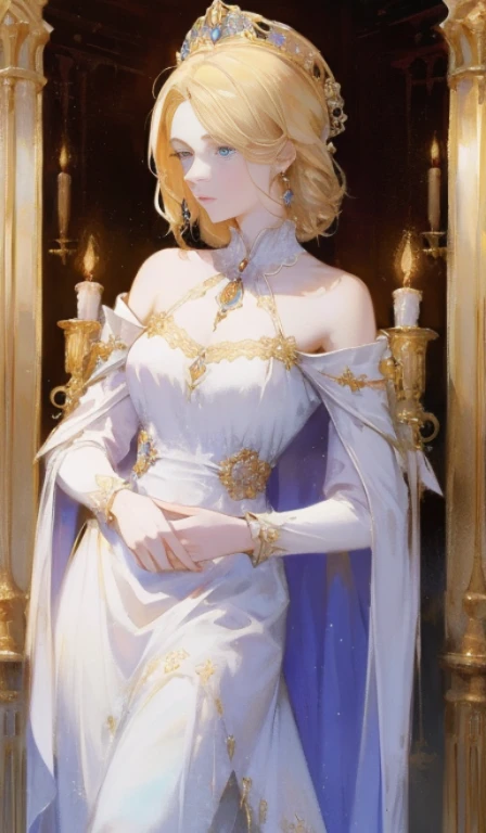 Fantasy, 19th century, empress, woman, delicate face, pale blonde hair, blue eyes, in a white royal dress with open shoulders, gold patterns on fabric, crystal jewelry, with a scarlet ribbon over the shoulder with the regalia of the monarch, Gothic castle made of white stone on the background, light, day, hd