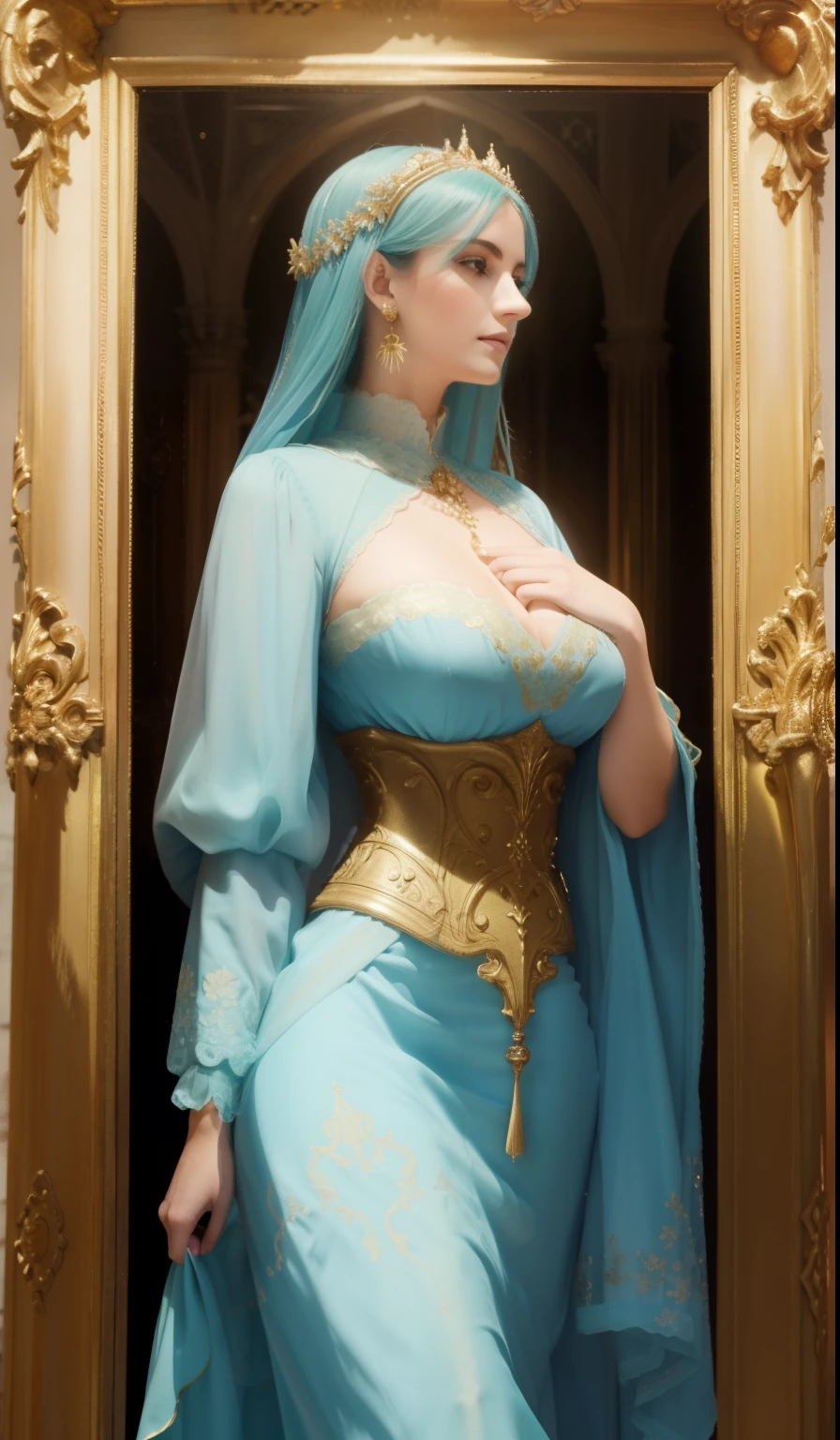 Fantasia, 19th-century, empress, mulher, rosto delicado, cabelo loiro claro, olhos azuis, em um vestido real branco com ombros abertos, gold patterns on fabric, Joias de cristal, com uma fita escarlate no ombro com os trajes do monarca, Gothic castle made of white stone in the background, luz, dia, High definition