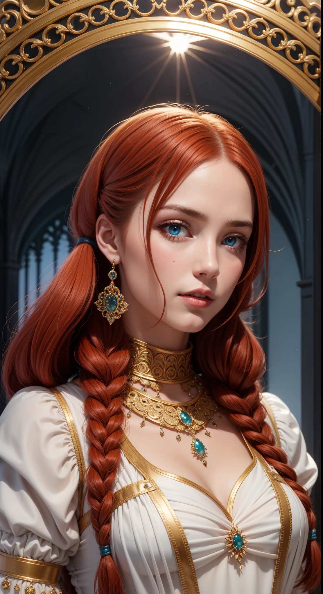 White model with pigtails (red hair) it looks beautiful in gold jewelry, with blue eyes, in the style of brown-azure, very realistic, in the style of Gothic romance, historical inspiration, careful elaboration of details