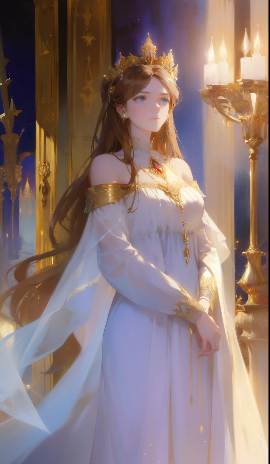 Fantasy, 19th century, empress, woman, delicate face, pale brown long hair, blue eyes, in a white royal dress with open shoulders, gold patterns on fabric, crystal jewelry, with a scarlet ribbon over the shoulder with the regalia of the monarch, Gothic castle made of white stone on the background, light, day, hd