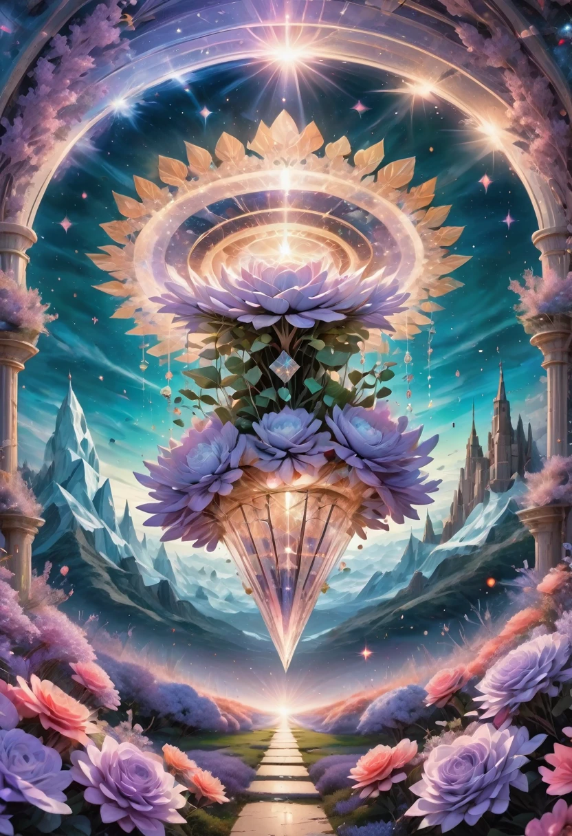 giant geometric shape, mandala sacral geometry made of LILACS flowers petals, hypnotizing, stars, golden ratioin the middle of picture, flying above the on the landscape made of fractal crystals Swarovski, glowing tesselations, centered, sharp focus, perfect composition, dynamic, shining glowing ,blue,white,coral pink, pink, tiffany blue, stars swirling, windy, sparkles swirling, green,pastel, cloudy, fantastic adventure,high quality 16k resolution, gothic (luminism photography:1.7)  aurora light, with a long long  glowing roses,  feathers and tiny bells, t  quartz, shining, mosaic, glitter, made on Nikon, sharp focus, perfect quality, high resolution, long shot, 16k resolution, masterpiece, breathtaking, strict details, meticulously detailed, complementary colors, soft colors 
EPIC  3d shading detailed matte painting intricate details, HDR, beautifully shot, hyperrealistic, sharp focus,  megapixels, perfect composition, high contrast, cinematic, atmospheric, moody . masterpiece, best quality, very aesthetic, absurdres, otclillsn