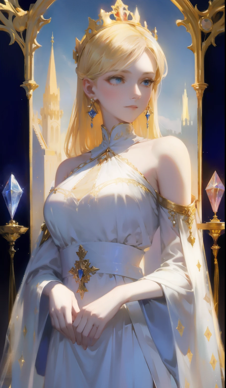 Fantasy, 19th century, empress, woman, delicate face, pale blonde hair, blue eyes, in a white royal dress with open shoulders, gold patterns on fabric, crystal jewelry, with a scarlet ribbon over the shoulder with the regalia of the monarch, Gothic castle made of white stone on the background, light, day, hd