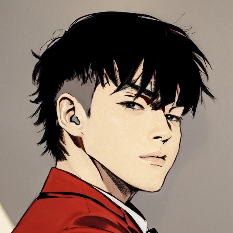 a man close up of a person with a red jacket and a tie, realistic