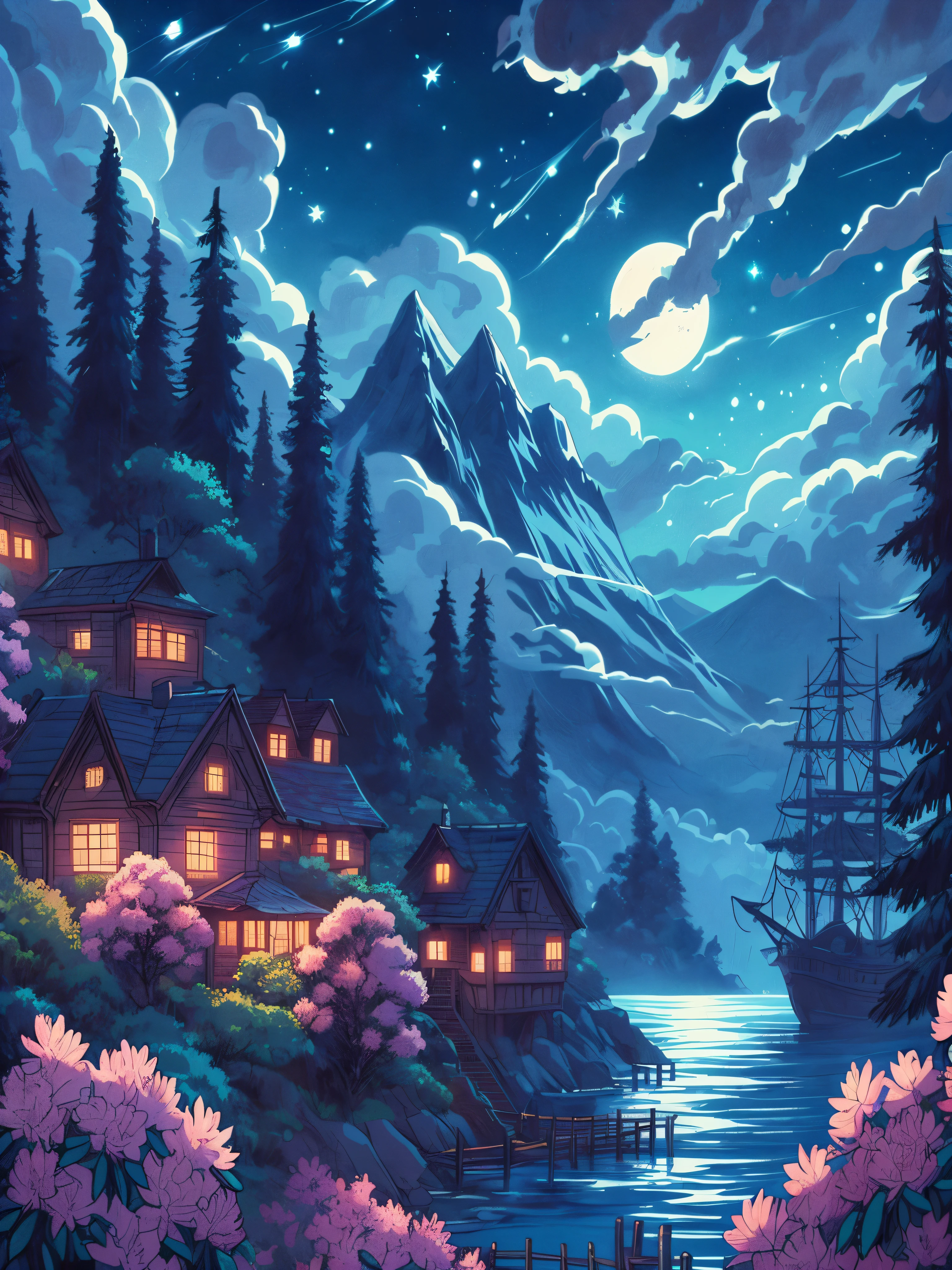 Zeichnen Sie eine Anime-Lofi-Szene eines Pirateninseldorfs am Rande eines Berges., Nacht, sternenklarer Himmel, Rhododendronbäume, Halbmond, friedlich, natural shades, cloudy sky, beautiful color palette, lebendige, saturated colors, Meisterwerk, kein Mensch