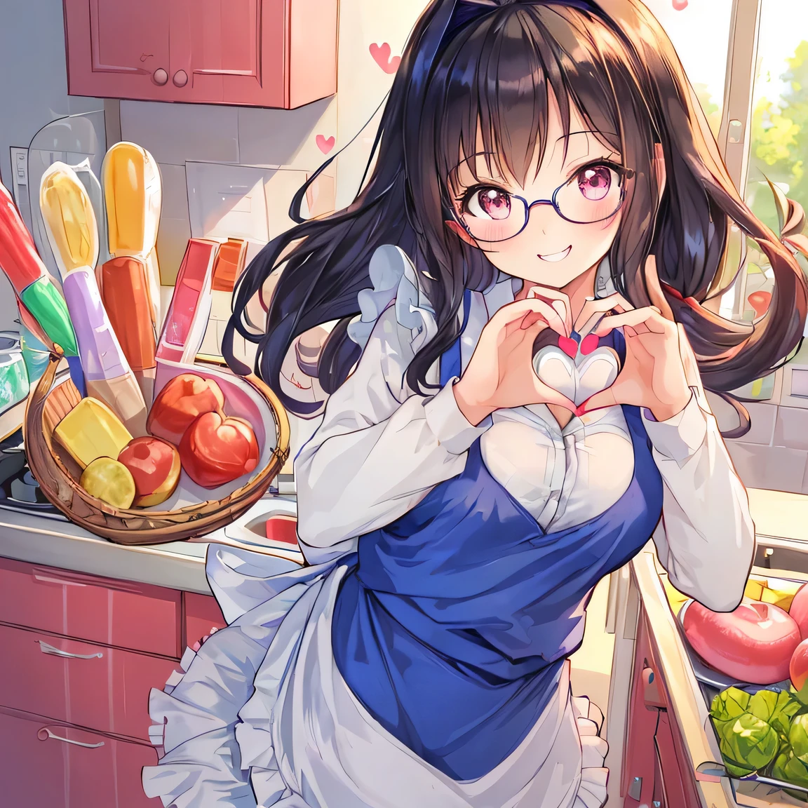 ((masterpiece)), ((best quality)), (ultra-detailed), ((kawaii)), cute, (lovely), illustration, anime style, dynamic angle, upper body, focus on upper body, a cute girl, 1girl, solo, kitchen, apron, Blazer uniform, (((heart hands))), (beautiful eyes), beautiful black hair, long hair, horseshoe-shaped hairband, medium breast, slim, slender, glasses, smiling, fang, endearing, blush, elegant, youthful, graceful, ((The tips of her canine teeth are peeking out from her smiling mouth)), Double Tooth, seductive smile.