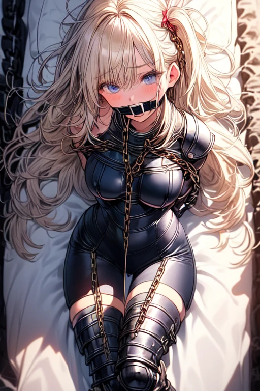 Shiny blond hair, very long hair, sophisticated haircut, (small twisted braids:1.1), thin and oval face, submissive, (gagged:1.3), cute and blushing 18 years old anime girl, bright blue eyes, detailed face, detailed members, detailed arms, detailed hands, Girl lying, tied by chains, shackled, can no longer move, tied tightly, (very hard tied up with lots of chains), (hampered by so many chains that she can no longer move:1.1), bound hands and feet, (chains tie his whole body:1.3), (tied extremely tightly and forcefully to her bed by a lot of chains:1.2), (its limbs are strongly tied together by chains:1.2), (his torso is tied up with thick cords:1.1), (her chest is so tied up with chains that it sticks out:1.3), (her legs are tied tightly with thick chains:1.1), (his hands are tied behind his back with chains), she can no longer move her feet, her hands which are tied by thick chains, she desperately tries to free herself, (likes to be tied tight with big chains:1.1), likes to be immobilized by big chains, (lying down:1.3), (his hands and feet are strongly tied to the railing of his bed:1.1), (his legs are pressed together and tied with chains:1.1), (its limbs are held vigorously by imposing chains:1.1), (her hands are tied securely behind her back by chains), (her chest is compressed by strong chains:1.1), (she is pressed against her bed and restrained by large chains:1.3), (shibari, arms behind the back:1.4), (hands on the back), (masterpiece, best quality) 1.5, 1girl, solo, (sexy, beautiful woman, perfect face, perfect eyes, perfect hands), (shibari, arms behind the back:1.4), (hands on the back), Spread the legs, s&#39; (lie in bed by big chains:1.3), (a princess in armor trapped in a dungeon), (((armor suit:1.5))), (chained to the prison wall by chains:1.3), (his legs are chained by chains:1.3), (locked in a dark dungeon:1.5), (chains with links bind his whole body:1.3), (very detailed chains:1.3), ((((((chain:1.5))))))