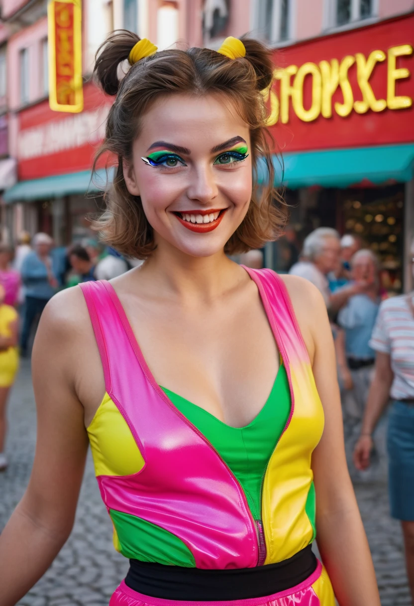 8K, Best quality, Meisterwerk, Ultra high resolution, (Realismus: 1.4), Originalfoto, (realistische Hautstruktur: 1.3), (Filmkorn: 1.3), (Selfie-Winkel), 1 girl, Beautiful eyes and facial details, Meisterwerk, Best quality, Full body shot, den Betrachter anschauen, langes glatter roter messy bob, grosse Brust, dezentes Make-Up mit Eyeliner, embarrassed smile, 1980s shiny neon spandex aerobic outfit , street photography