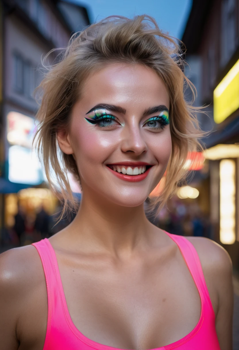 8K, Best quality, Meisterwerk, Ultra high resolution, (Realismus: 1.4), Originalfoto, (realistische Hautstruktur: 1.3), (Filmkorn: 1.3), (Selfie-Winkel), 1 girl, Beautiful eyes and facial details, Meisterwerk, Best quality, Full body shot, den Betrachter anschauen, langes glatter roter messy bob, grosse Brust, dezentes Make-Up mit Eyeliner, embarrassed smile, 1980s shiny neon spandex aerobic outfit , street photography