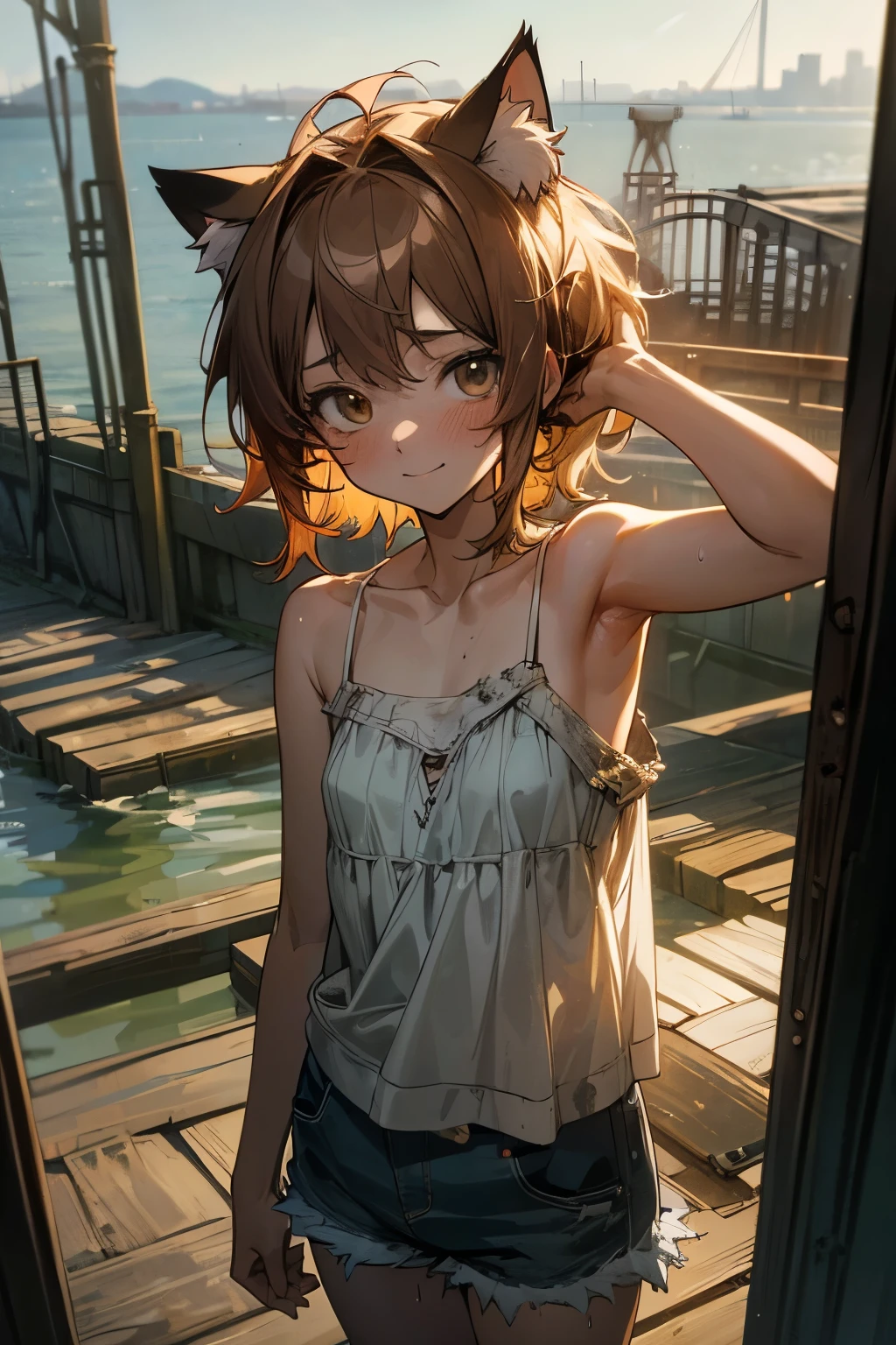 ((Masterpiece)), ((best quality)), (Anime:1.5), (RAW photo:1.2),(High Definition:1.3), (Professional Photography:1.2), (()), wide shot, (sunset), Very messy medium hair, (slightly exposed small breast), Beautiful small breasts, (white camisole top), no bra, dirty, Slender body, (Waving), (rusty, dirty room), Sweaty skin, Smiling face, Textured skin, Cat ears, Pale brown hair, Cute Beautiful Girl, (View of the sea and slums)