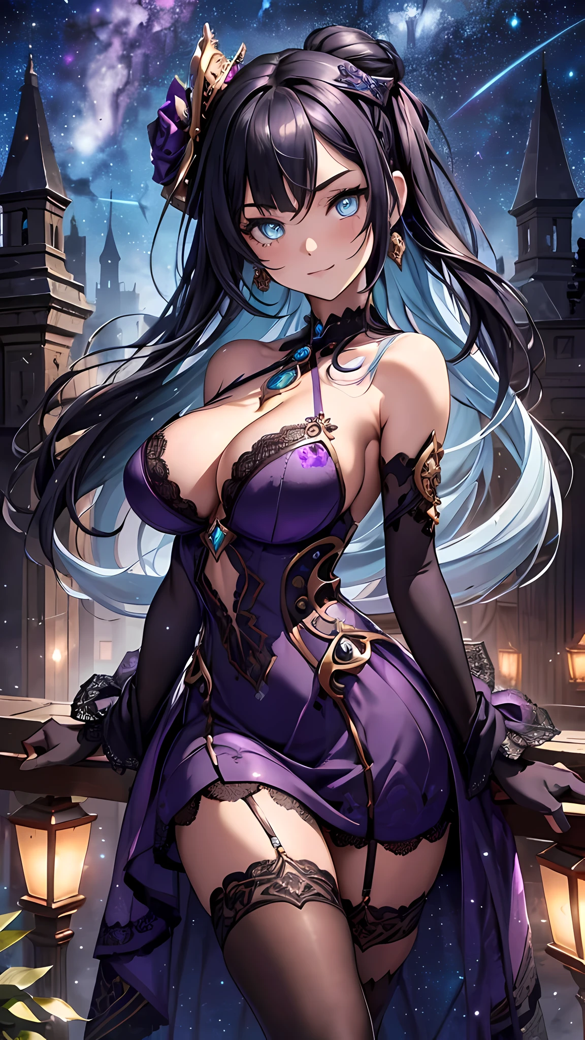(masterpiece), best quality, expressive eyes, perfect face,((1girl)),(((mature woman))),(dark purple and dark blue ornate lace dress:1.5)),(bare shoulders:1.2),(elbow gloves),(huge breasts:1.3),black hair,crystal amulet,outdoors,(night:1.1),(starry sky:1.1),garter belt,high heels,middle hair,wavy hair,cleavage,looking at viewer,light smile, eyeshadows, eye liner,glistening eyes, hyper detailed eyes, intricate eyes, beautiful eye, ((glowing light blue pupils))、standing,head tilt,standing on one leg,sexy pose,smiles,(face focus),fur coat, gold bra,(body focus)