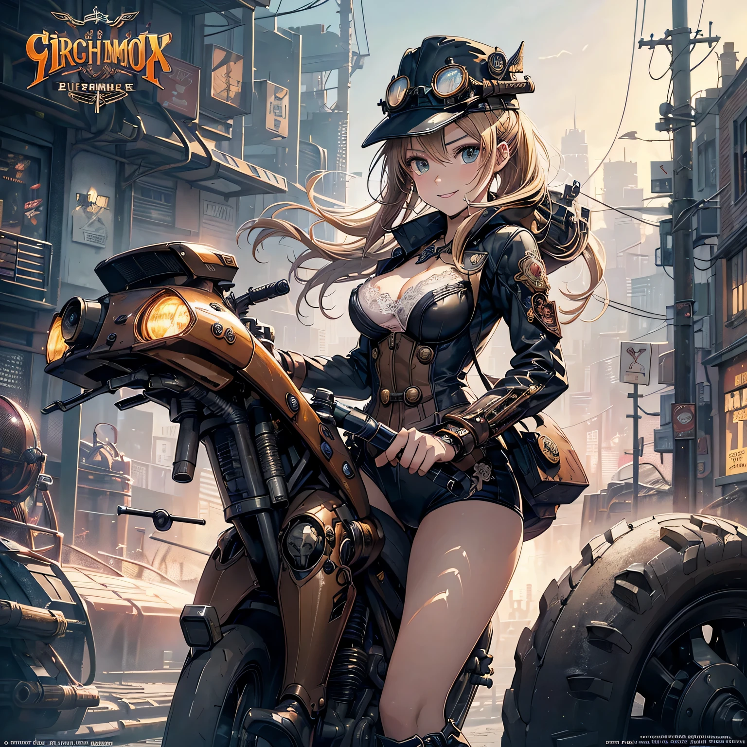 (comic book style),(line drawing_anime),(cowboy shot, highest quality, ),(Laura Budd Photos:1.2),(Laura Add Details:1.0),8K, flat color:0.8,1 girl,smile、(Steampunk bike ride 1.5)、Exquisitely decorated motorcycle、(Highly decorative and complex mechanical steampunk fashion, lace flare dolphin hat、goggles 1.5、machinery background、Gear background、Intricately mechanized steampunk cityscape 1.5),