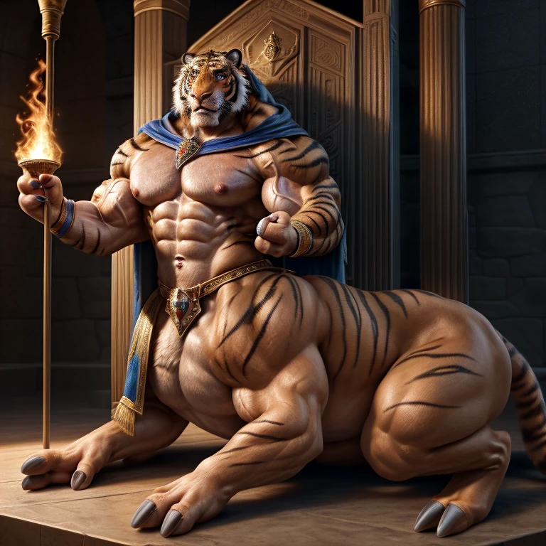 an ((tiger, taur, king)) in the royal hall, (ultra res, masterpiece, pinup, (sitting in his throne, ((fruit held in right hand, ((looking at fruit)))))), (solo, male, muscular humanoid, full body), looking at his hand, (detailed muscles, photorealistic muscles, beautiful muscles, huge muscles), (bearded face, detailed face, photorealistic face, beautiful face), flared nostrils, (humanoid eyes, detailed eyes, photorealistic eyes, beautiful eyes, detailed iris, beautiful iris, retrace eyes), (humanoid pecs, detailed pecs, photorealistic pecs, beautiful pecs), (veiny muscles, veiny legs), (beige skin, photorealistic skin, beautiful skin), (((shaved body texture))), (wearing a loincloth), (wearing a (((royal mantle)))), (hands, ((3 fingers)), ((human fingernails))), (feet, ((2 toes))), photorealistic background of a (throne, stone walls, torches), (specular lighting, cinematic lighting, ray tracing, retrace face, retrace body, shaded)