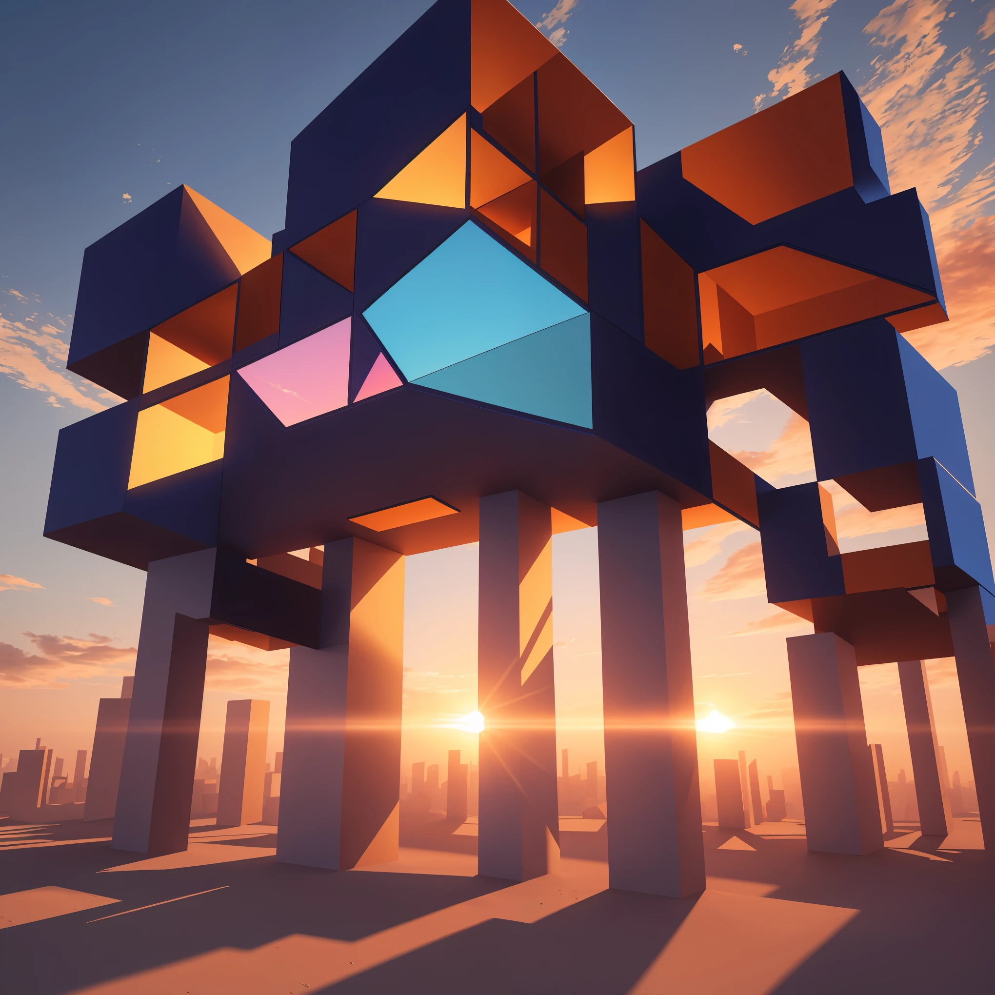 A giant geometric structure,abstract art,three-dimensional construction,sunlight piercing through,sunset,colorful gradients,surrealism,high-definition rendering,seamless integration,ultra-detailed,8k,professional,vivid colors,cinematic lighting,masterpiece