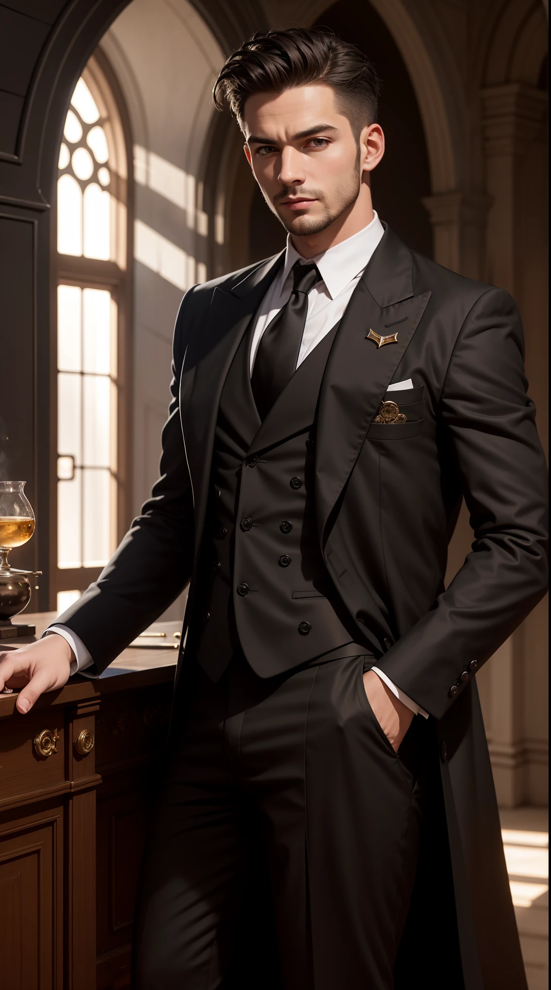 "((photorealism, high quality, detailing)), (half of the body) Strong man, Male appearance, Majestic magician-alchemist, short dark hair, A European view, modernity, 21st century, Stylish black suit, long black cloak, magical atmosphere".