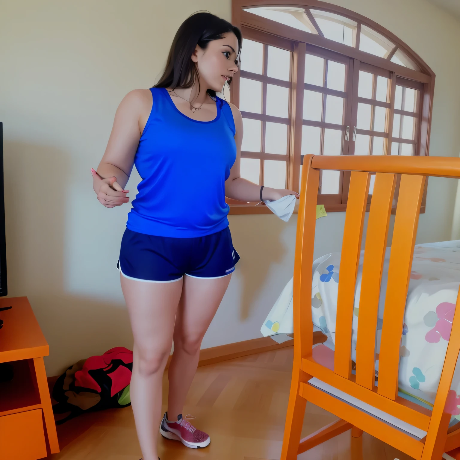 there is a woman standing in a room, wearing a t-shirt and shorts, wearing a tank top and shorts, sports t-shirt and dark blue shorts, legs and arms, hunched posture, side view of her taking steps, wearing shorts and a t-shirt, side pose wearing short blue shorts and tight, belly showing, navel showing, short shorts, t-shirt and sports shorts, wearing short t-shirt and tight shorts, short shorts, shapely thighs. Full body photo in high resolution and high quality, 8k.